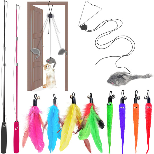 Interactive Cat Toys Set Teaser Feather Wand Hanging Door Toy & Multiple Attachments - Telescopic Cat Fishing Pole Toy for Kitten